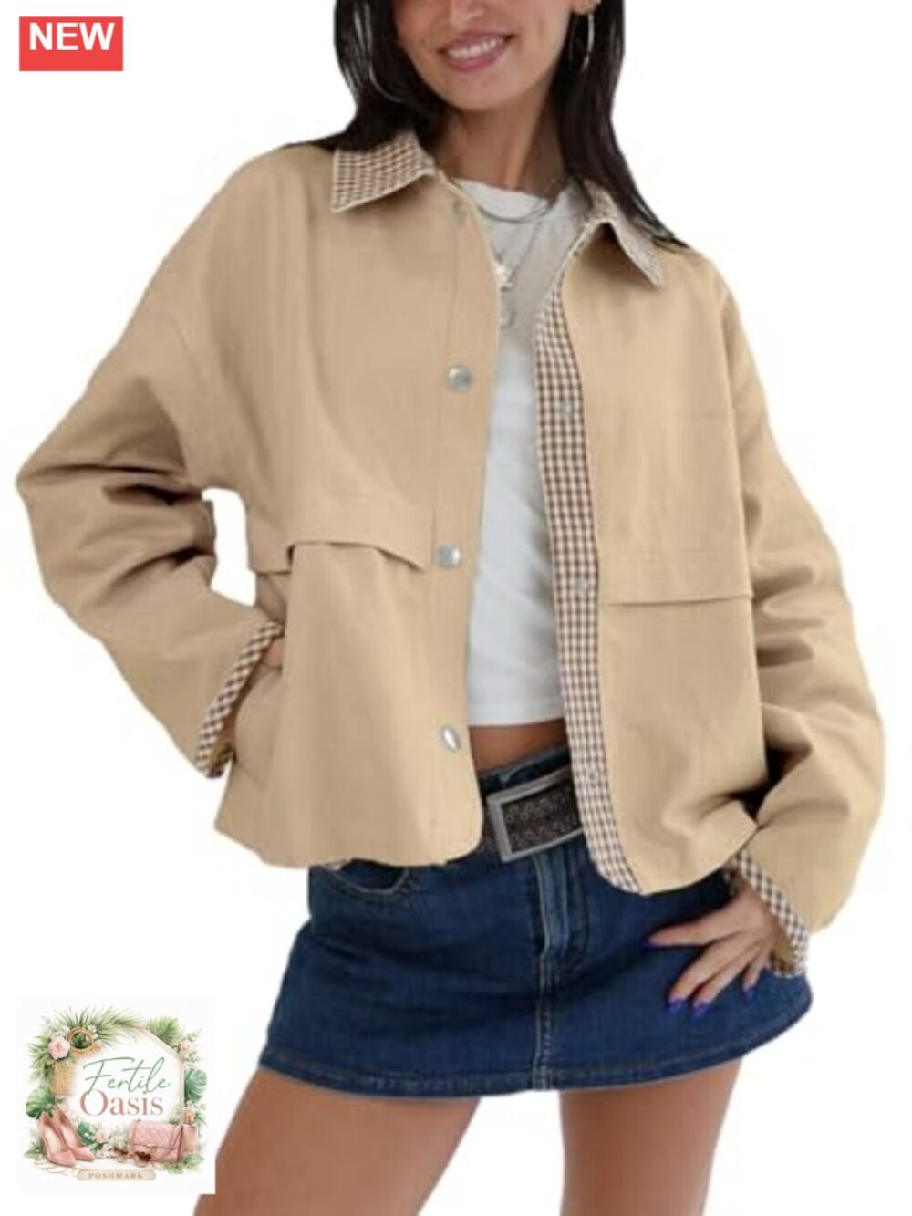 Women's Cropped Gingham Plaid Jacket Lightweight Lapel Trench